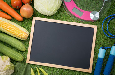 counting calories, top view and empty blackboard on the grass background.