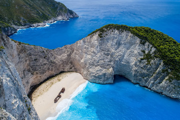 Aerial view of Navagio (Shipwreck) Beach in Zakynthos island, Greece.