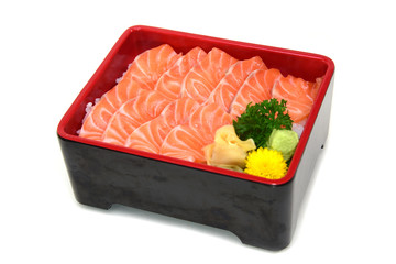 Salmon don : fresh sliced Salmon Sashimi on Rice Box isolated on white background with Clipping path