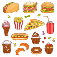 Vector hand drawn illustration of fast food