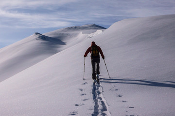 house front in the typical Engadin architecture style with a wooden arched doorway and a flower pot and a wooden bench