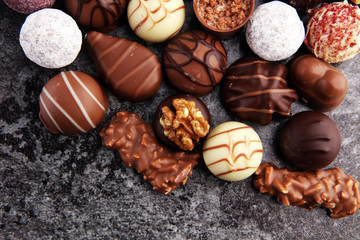 a lot of variety chocolate pralines, belgian confectionery gourmet chocolate