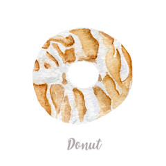 Watercolor hand drawn donut. Isolated fresh bakery illustration on white background