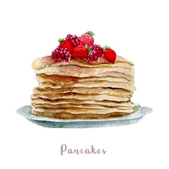 Watercolor hand drawn pancakes. Isolated dessert illustration on white background