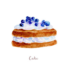 Watercolor hand drawn cake. Isolated dessert illustration on white background