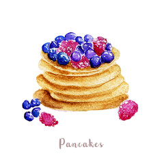 Watercolor hand drawn pancakes. Isolated dessert illustration on white background