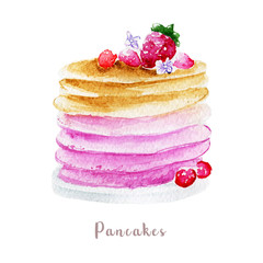 Watercolor hand drawn pancakes. Isolated dessert illustration on white background