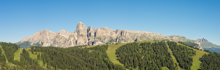Great landscape on the Dolomites. View on Gardenaccia massif and the Sassongher peak. Alta Badia, Sud Tirol, Italy