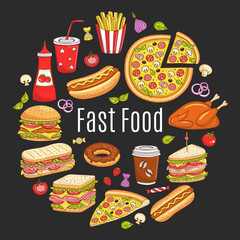 Vector sketch illustration of fast food circular shaped
