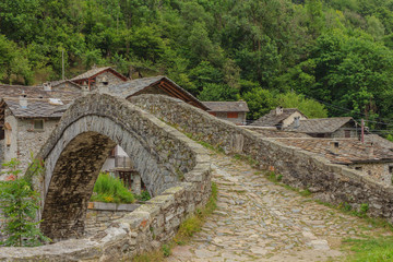 Fototapeta na wymiar a characteristic bridge of a piedmontese alpine village /a romanesque bridge made of donkey back of of the 17th century, at the entrance to the village of Fondo ,in Piedmont,Italy