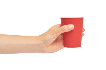 Female hands hold a cardboard or plastic disposable cup. Isolated on white background