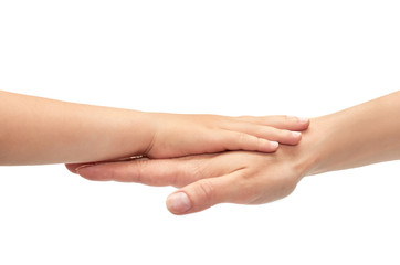 hand of young girl holding kids hand. Isolated on white background