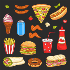 Vector hand drawn illustration of fast food