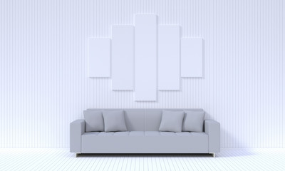 White wood modern living room with long light grey sofa and picture frame on the wall, 3D rendering