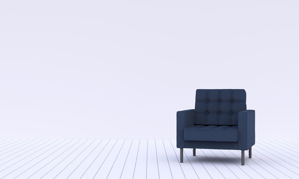 Modern Living Room With Dark Blue Sofa On A Middle, 3D Rendering