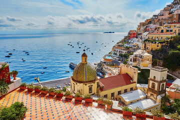 Positano, Mediterranean village on Amalfi Coast, Italy - obrazy, fototapety, plakaty