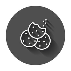 Cookie flat vector icon. Chip biscuit illustration. Dessert food pictogram on black round background with long shadow.