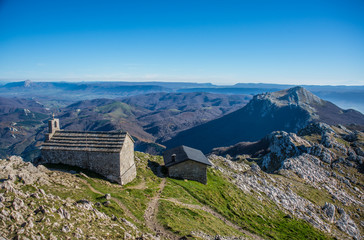Refuge view from Aizkorri mountain top peak near Zegama,