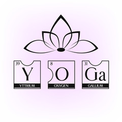 Yoga word poster made of periodic table elements with lotus flower in line silhouette vector illustration. Perfect design for yoga studio poster or logo