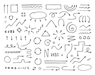 Handcrafted elements. Hand drawn vector arrows set on  white background