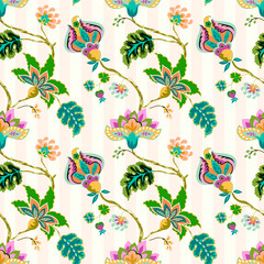 Fantasy floral seamless pattern on vertical striped pastel color background. Whimsical colorful floral Jacobean style decorative design