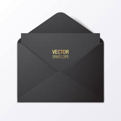 Black vector envelope template. Black opened envelope lying on a red background. Realistic mockup.
