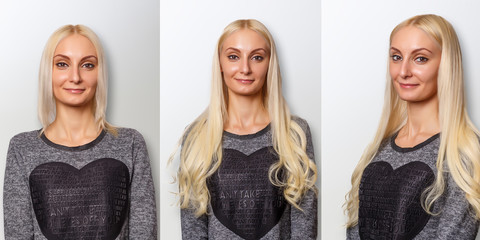 Hair extensions procedure. Hair before and after.