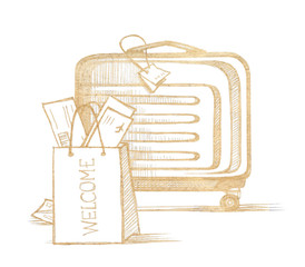 Traveler's bag, suitcase and souvenir bag with tickets
