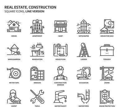 Real estate and construction, square icon set