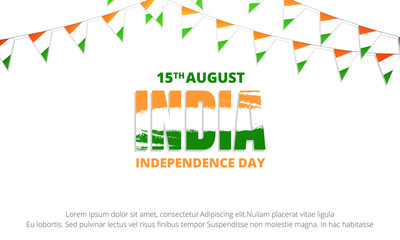 India Independence Day banner. Banner with buntings of India flag and typographic logo for India national holiday. 15th of August Independence Day