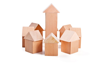 Toy houses made of wooden blocks