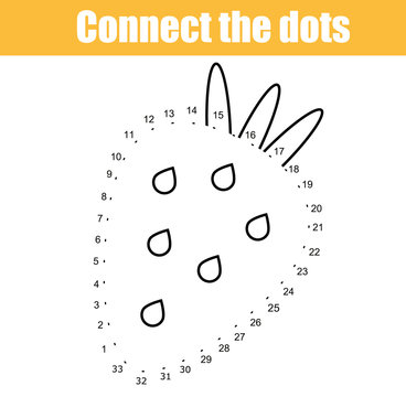 Connect the dots by numbers children educational game. Printable worksheet activity. Strawberry