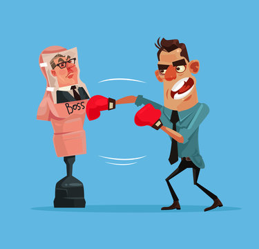 Angry upset office worker man character beats boxing mannequin with boss photo. Vector flat cartoon illustration