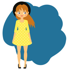 Beautiful Girl in yellow dress and black hat. Kids fashion background. Cartoon child