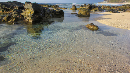 Seethrough water and rocks in beach