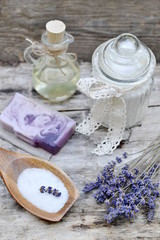 Obraz na płótnie Canvas Natural Ingredients for Homemade Body Lavender Salt Scrub Soap Oil Beauty Concept