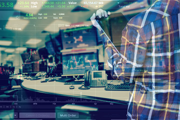 Double exposure of business woman with glasses in hipster shirts holding tablet for check stock market graph with stock and computer graph background, Business Trading concept