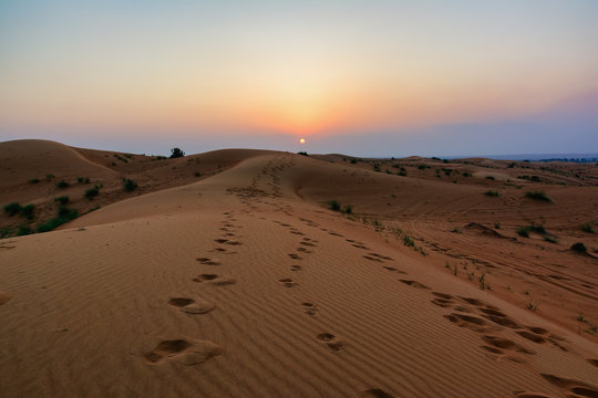 Dubai deserts and sand dunes at sunset, UAE.