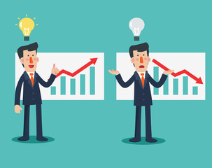 Successful smiling business man presenting and showing a chart on board. Sad businessman with arrow graph down