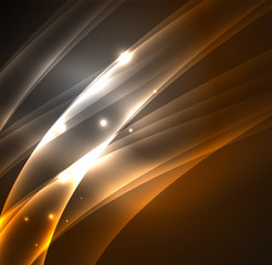 Energy lines, glowing waves in the dark, vector abstract background