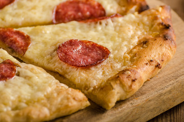 Rustic pizza with tomato, cheese, salami