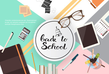 Back To School Top Angle View Of Desk With Different Supplies Flat Vector Illustration