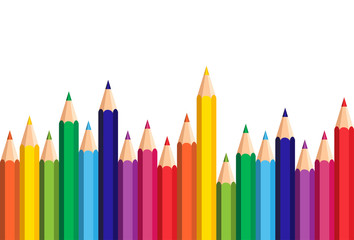 White Background With Colorful Pencils Set On Edge Copy Space Banner Flat Vector Illustration