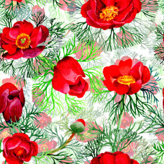Wildflower peonies flower pattern in a watercolor style. Full name of the plant: Peonies herbaceous. Aquarelle wild flower for background, texture, wrapper pattern, frame or border.