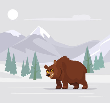 Angry Hungry Bear Rod Character Do Not Sleeping At Winter And Walking. Vector Flat Cartoon Illustration