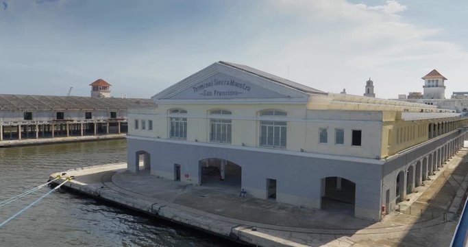A daytime high angle exterior establishing shot of the Terminal Sierra Maestra San Francisco on the shore of Havana, Cuba.	 	
