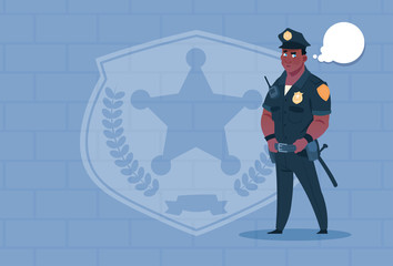 African American Policeman With Chat Bubble Wearing Uniform Cop Guard Over Brick Background Flat Vector Illustration