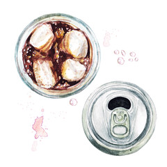 Glass of soda and an empty can. Watercolor Illustration.