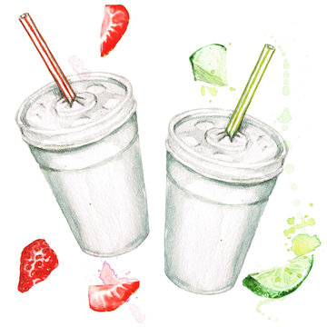 Plastic cups with juice. Watercolor Illustration.