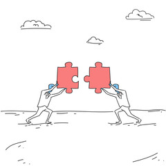 Two Business Men Solving Puzzle Work Together Ponder Think Strategy Concept Vector Illustration